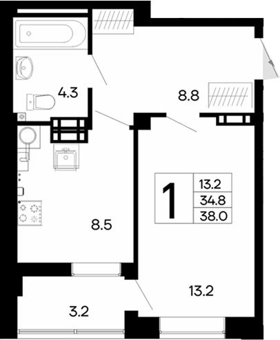 Планировка — Утесов, 1-комн., 35 м²