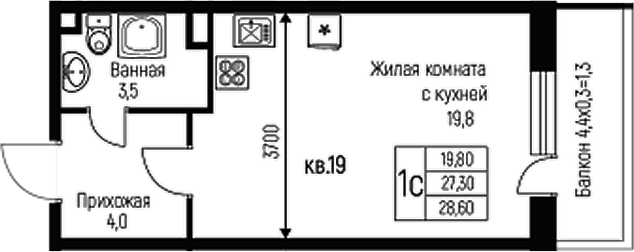 Планировка — Nova Vita, Студия, 27 м²
