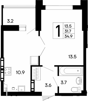Планировка — Утесов, 1-комн., 32 м²