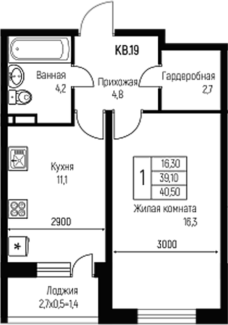 Планировка — Nova Vita, 1-комн., 39 м²