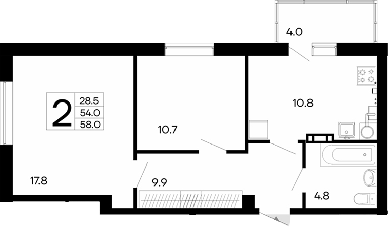 Планировка — Утесов, 2-комн., 54 м²