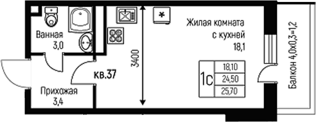 Планировка — Nova Vita, Студия, 25 м²