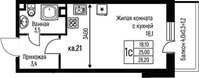 Планировка — Nova Vita, Студия, 25 м²