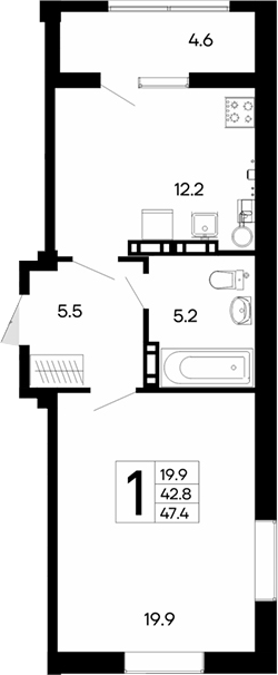 Планировка — Утесов, 1-комн., 43 м²