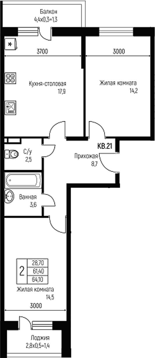 Планировка — Nova Vita, 3-комн., 61 м²