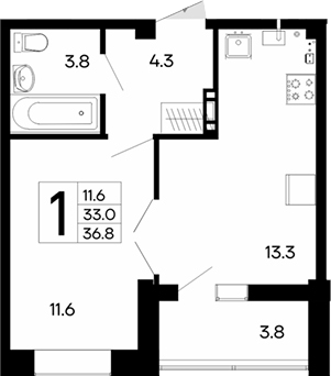 Планировка — Утесов, 1-комн., 33 м²