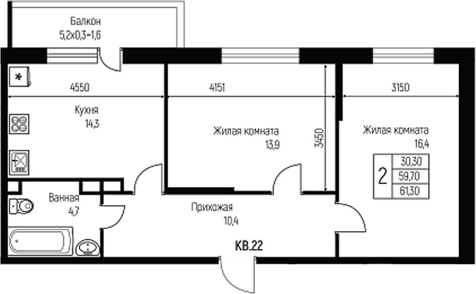 Планировка — Nova Vita, 2-комн., 60 м²