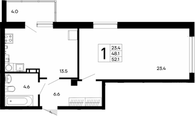 Планировка — Утесов, 1-комн., 48 м²
