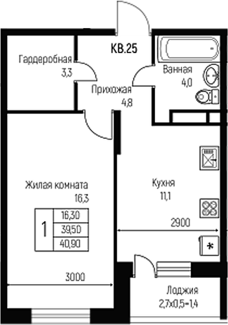 Планировка — Nova Vita, 1-комн., 40 м²