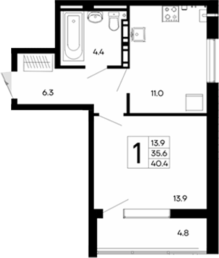 Планировка — Утесов, 1-комн., 36 м²