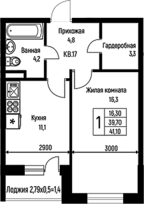 Планировка — Nova Vita, 1-комн., 40 м²