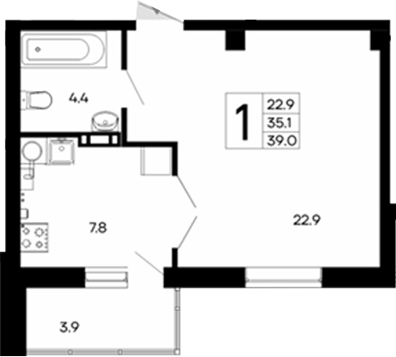 Планировка — Утесов, 1-комн., 35 м²