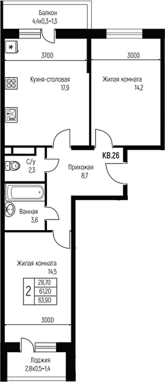 Планировка — Nova Vita, 3-комн., 61 м²