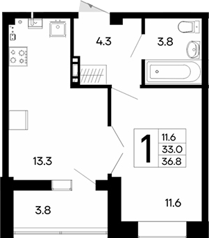 Планировка — Утесов, 1-комн., 33 м²