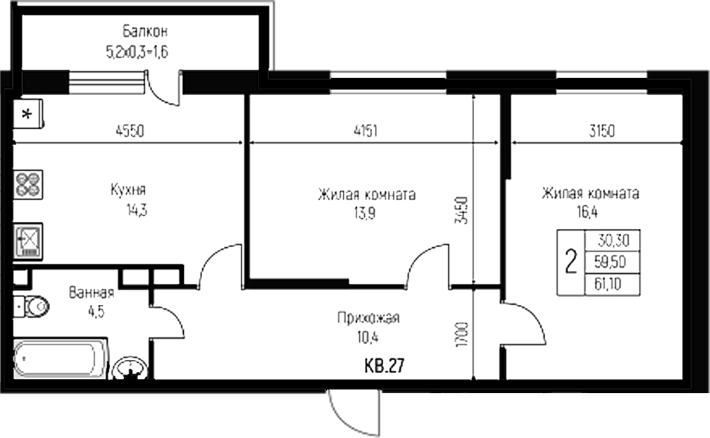Планировка — Nova Vita, 2-комн., 60 м²