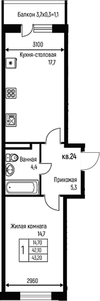 Планировка — Nova Vita, 2-комн., 42 м²