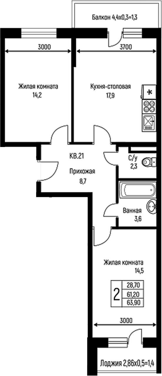 Планировка — Nova Vita, 3-комн., 61 м²