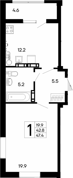 Планировка — Утесов, 1-комн., 43 м²