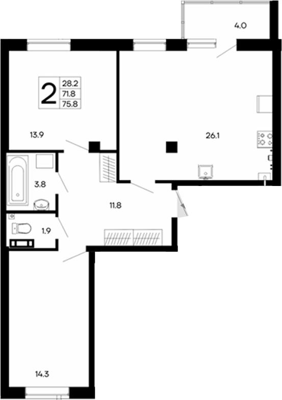 Планировка — Утесов, 2-комн., 72 м²