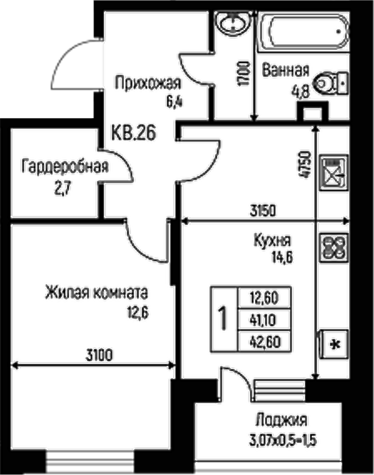 Планировка — Nova Vita, 1-комн., 41 м²