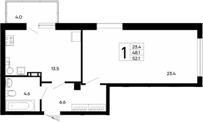 Планировка — Утесов, 1-комн., 48 м²