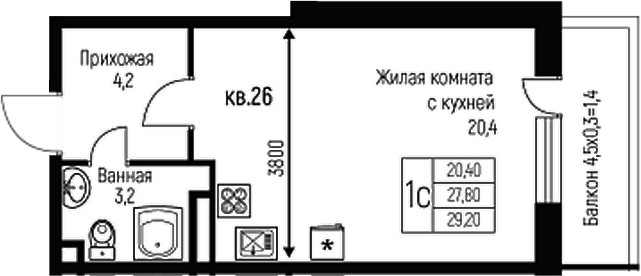 Планировка — Nova Vita, Студия, 28 м²