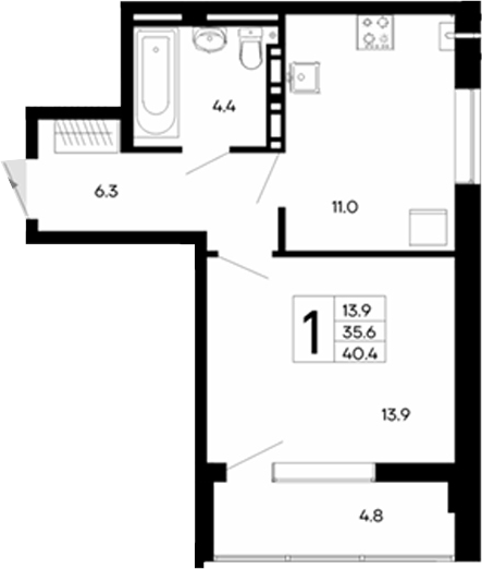 Планировка — Утесов, 1-комн., 36 м²