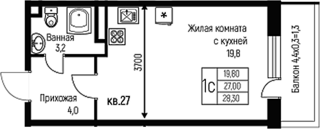 Планировка — Nova Vita, Студия, 27 м²
