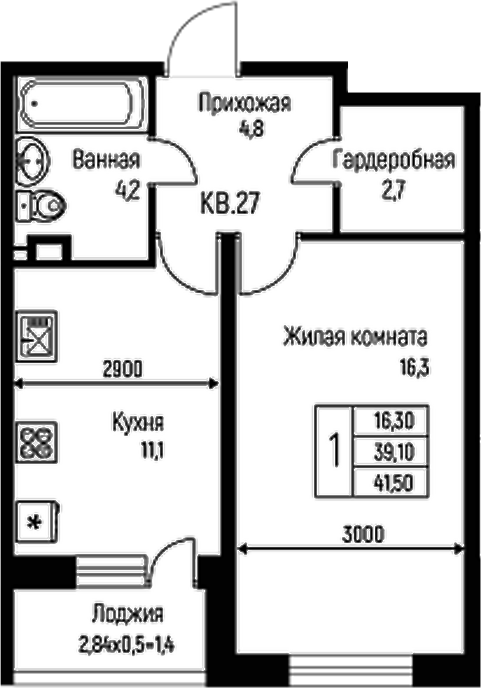 Планировка — Nova Vita, 1-комн., 39 м²