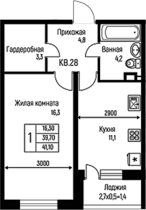 Планировка — Nova Vita, 1-комн., 39 м²