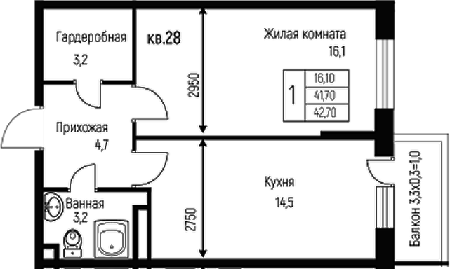 Планировка — Nova Vita, 1-комн., 42 м²