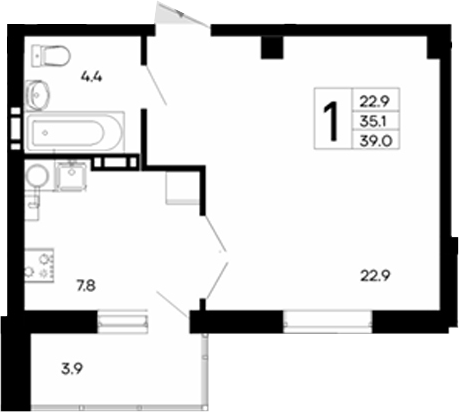 Планировка — Утесов, 1-комн., 35 м²