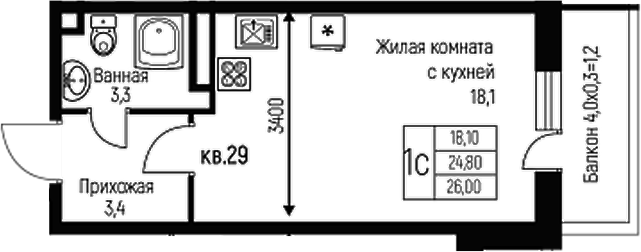 Планировка — Nova Vita, Студия, 25 м²