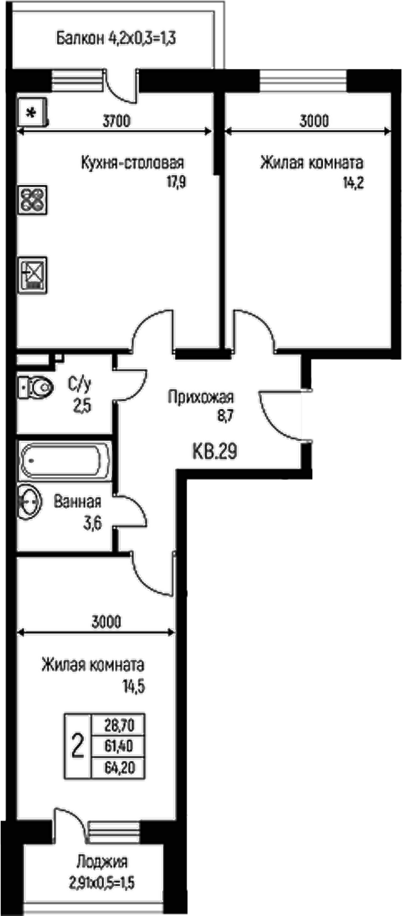 Планировка — Nova Vita, 3-комн., 61 м²