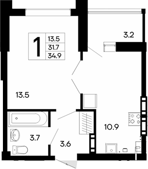 Планировка — Утесов, 1-комн., 32 м²