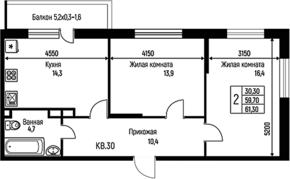 Планировка — Nova Vita, 2-комн., 60 м²