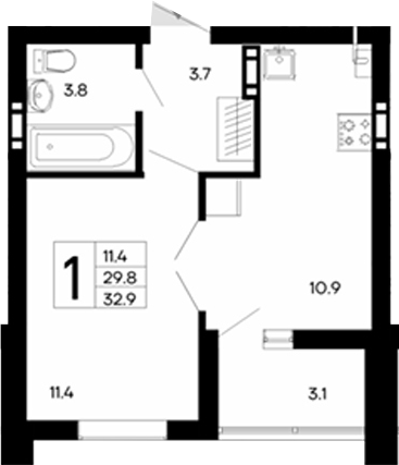 Планировка — Утесов, 1-комн., 30 м²