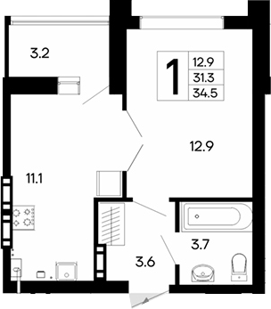 Планировка — Утесов, 1-комн., 31 м²