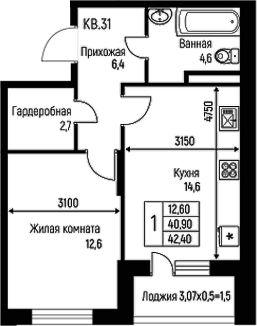 Планировка — Nova Vita, 1-комн., 41 м²