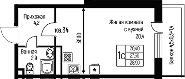 Планировка — Nova Vita, Студия, 28 м²