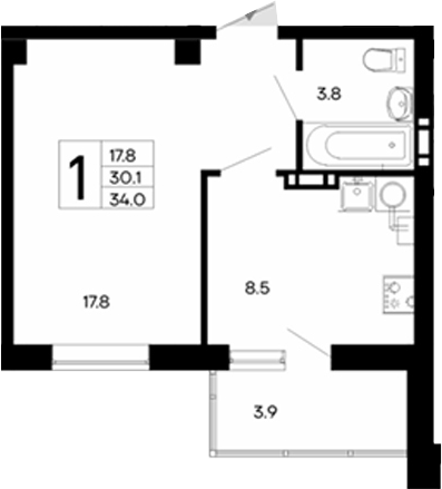 Планировка — Утесов, 1-комн., 30 м²