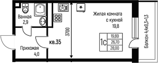 Планировка — Nova Vita, Студия, 27 м²