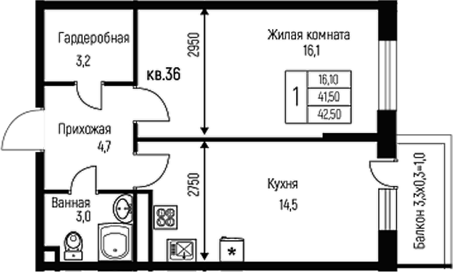 Планировка — Nova Vita, 1-комн., 42 м²
