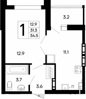 Планировка — Утесов, 1-комн., 31 м²