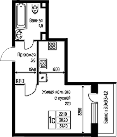 Планировка — Nova Vita, Студия, 30 м²