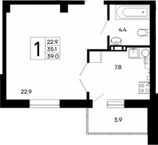 Планировка — Утесов, 1-комн., 35 м²