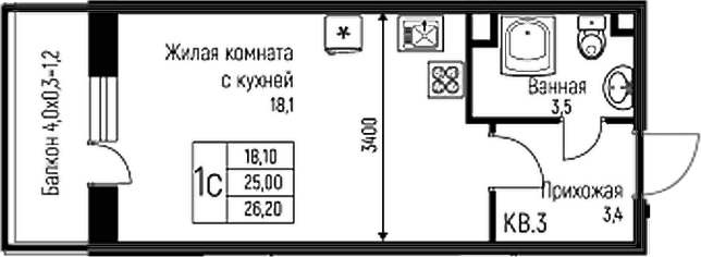 Планировка — Nova Vita, Студия, 25 м²