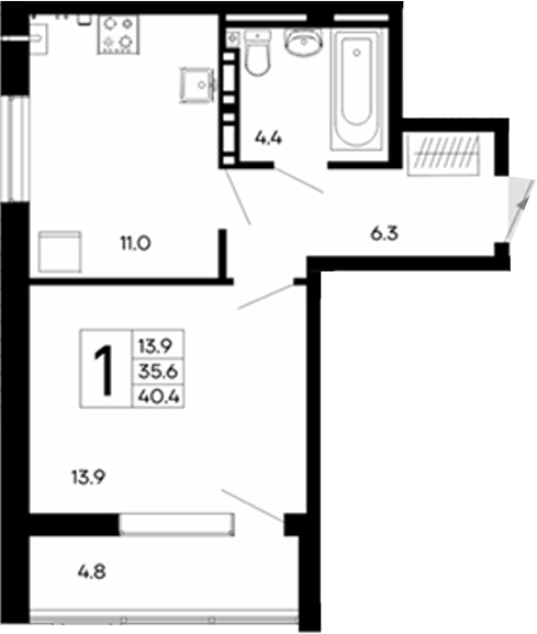 Планировка — Утесов, 1-комн., 36 м²