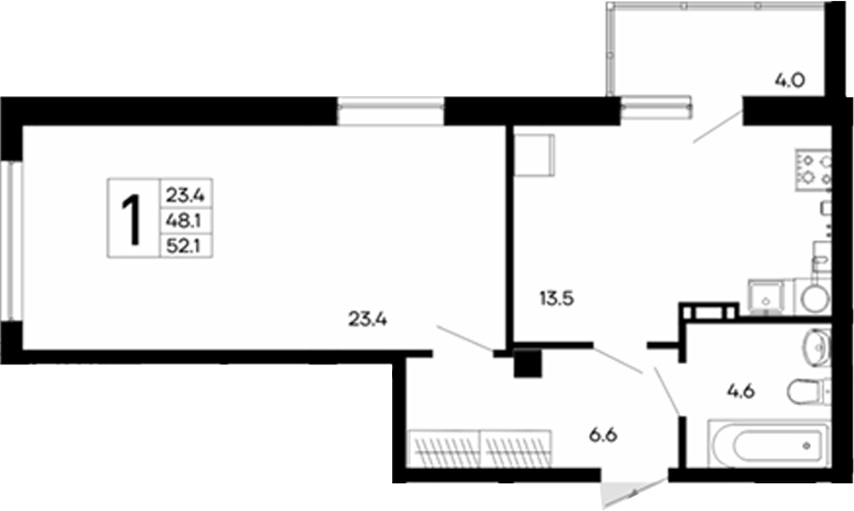 Планировка — Утесов, 1-комн., 48 м²