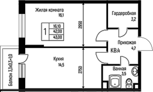Планировка — Nova Vita, 1-комн., 42 м²